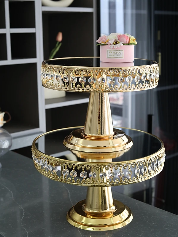 

Golden Crystal Mirror Dessert Table Wedding Cake Plate Ornament Tall Dim Sum Tray Afternoon Tea Cafe Decoration