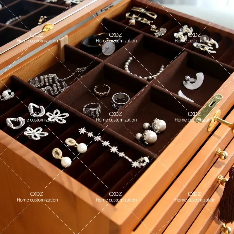 Wooden Jewelry Box Necklace Storage Cabinet Ring Organizer Display Case for Earrings Bracelets Home Dresser Drawer