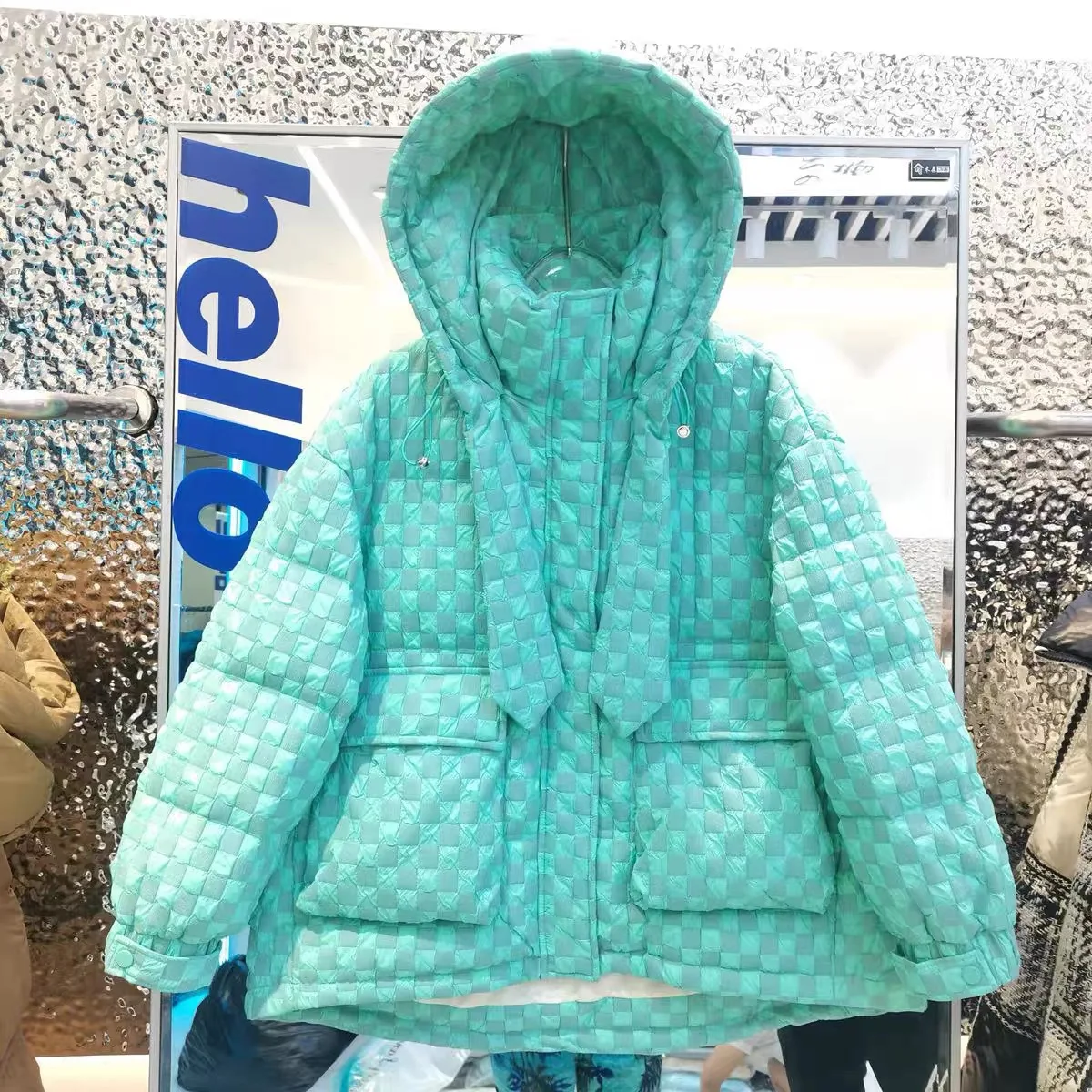 2023 Winter New Down Jacket - Fashion Hooded Chessboard Plaid Casual Stand Collar Loose White Duck Down Thick Warm Jacket