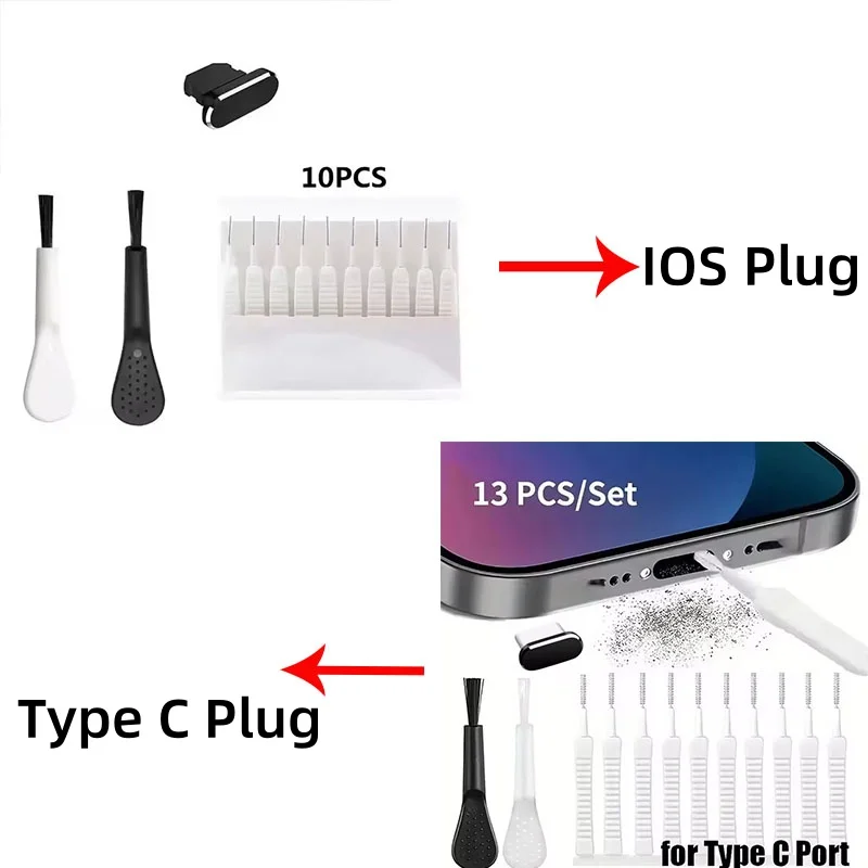 Cell Phone Charging Port Dust Plug with Cleaning Brush for IPhone 15 14 13 17 Pro Max Plus Samsung Xiaomi IOS Type C Cleaner Set