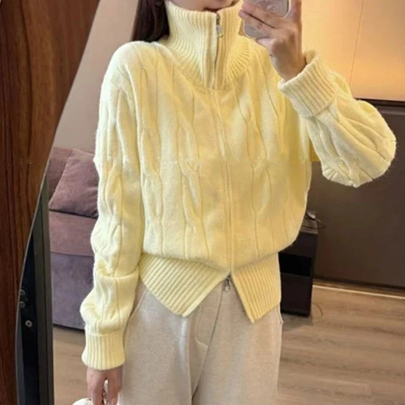 เสื้อคาร์ดิแกนไหมพรมคอสูงแบบซิปคู่สำหรับผู้หญิง ฤดูใบไม้ร่วงและฤดูหนาว