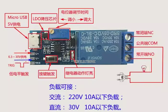 Smart Electronics Control Module Trigger Delay Switch 5V-30V Micro USB Power Adjustable Delay Relay Timer