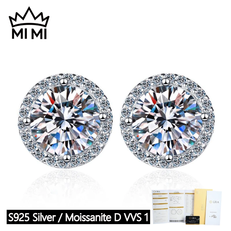 

MI MI S925 Sterling Silver 0.5-2CT D Color GRA Certified 4-Prong Round Moissanite Unisex Stud Earrings with Gift Box