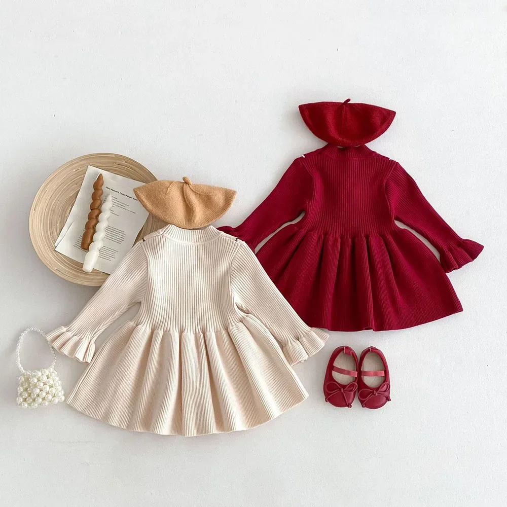 MILANCEL Autumn Girl's Knitted Dresses Children's Flare Sleeve Flower Sweater A-line Princess Dress Kid's Base Top Clothes