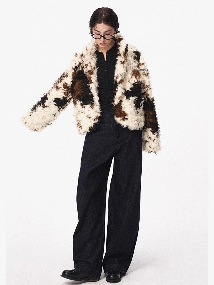 Patchwork revers beige nepbont jas Slanke nepwollen harige jas Pluizig Stijlvolle luxe elegante pluche jas Warme dikke bovenkleding