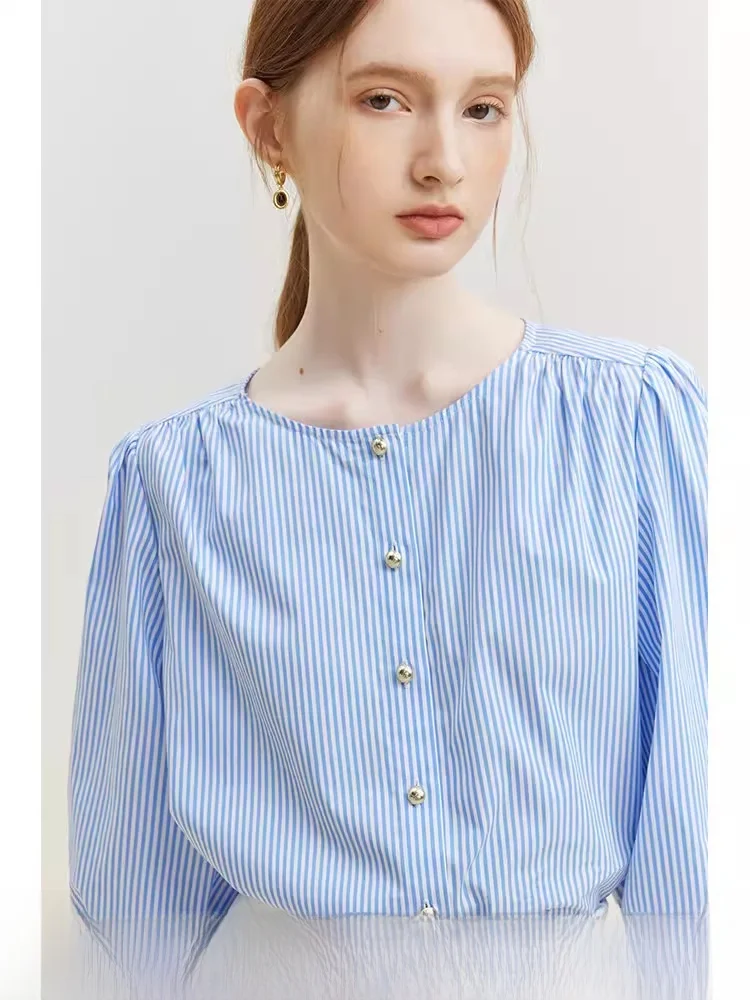 

Ele round Ne Metal Button Design Striped irt Summer Women's Simple Refreing ort Sve Ne Cotton Top