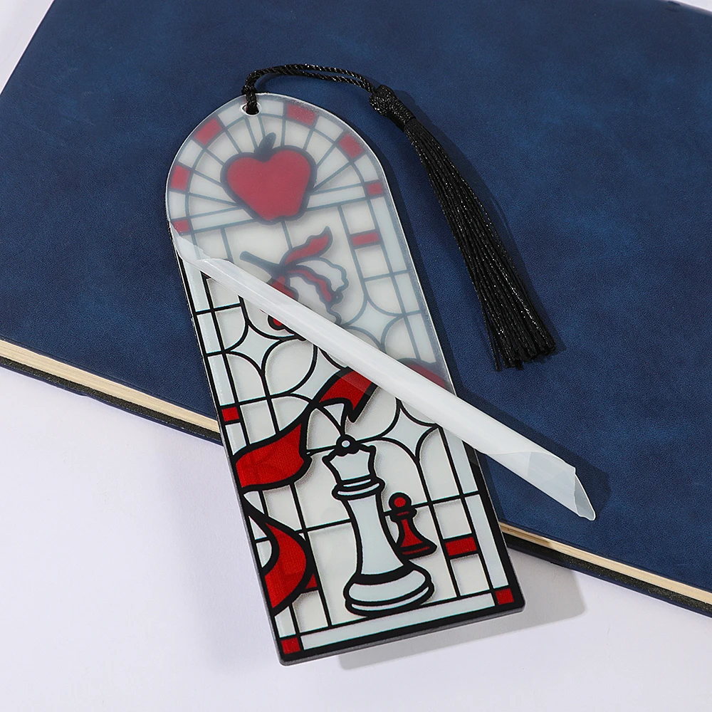 Gothic Style Painted Glass Bookmark | Red Heart Apple and Chess Themed Tassel Bookmark | Creative Reading Positioning Bookmark