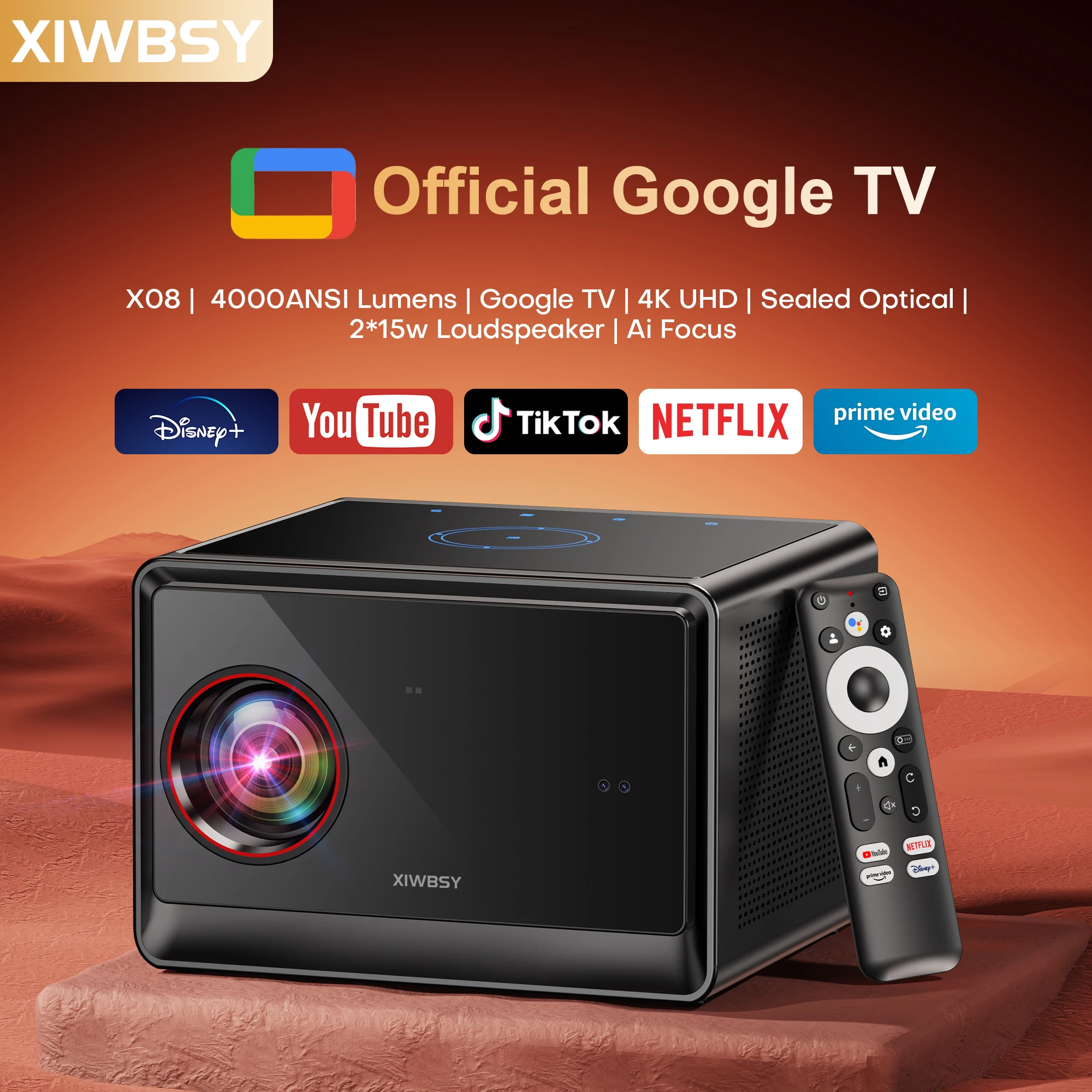 XIWBSY 64GB Official Google TV Projector 4000ANSI Offline Cinema Beamer 4K Video Projector Android 14.0 Sealed Optical Projector