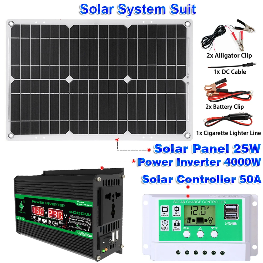 4000W Solar System Complete Kit 12V To 110V/220V 50A Controller Power Generation Charger Inverter System for Home/Camping Backup
