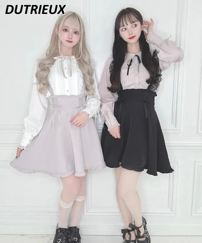 

Kawaii Cute Lace Strap Cross Strap Bow Short Skirt for Women Spring and Autumn New Sweet Girl High Waist A-line Suspender Skirt