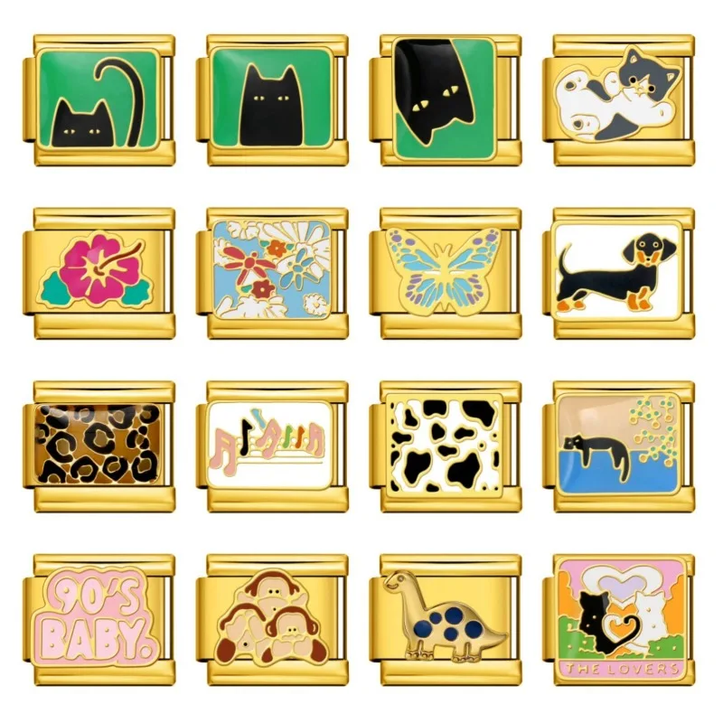 かわいい猫犬ゴールドボトムイタリアンチャームチェーン9mmステンレススチールアクセサリーモジュラーブレスレットジュエリー卸売 1