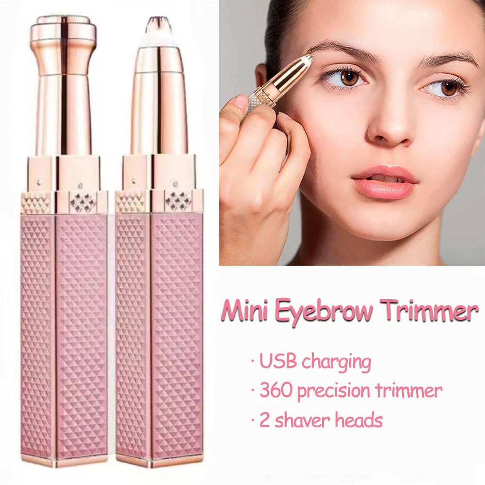 2 In 1 Face Epilator Mini Ladies' Eyebrow Trimmer Electric Lipstick Shaver USB Charging Multifunctional Painless Makeup Tools
