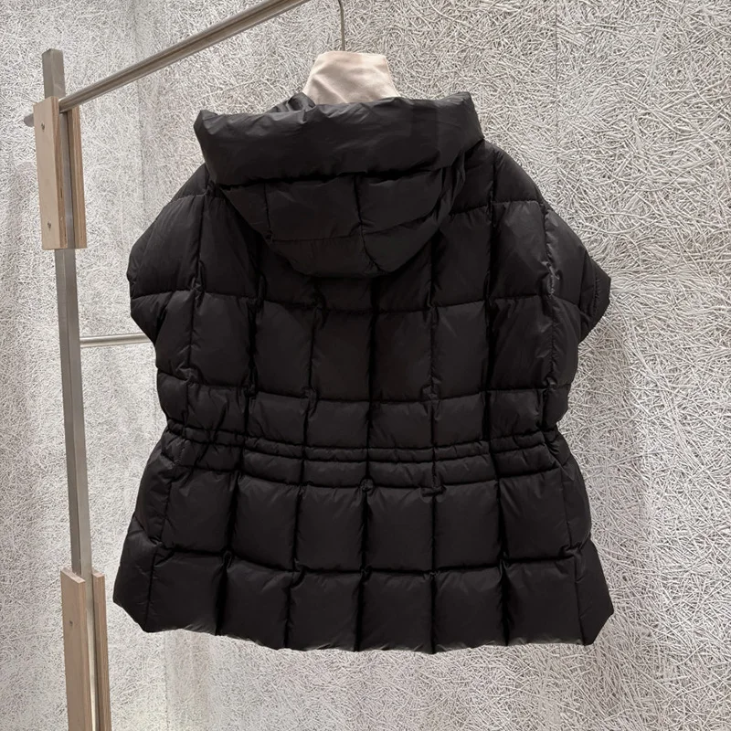 Schinteon Women White Duck Down Vest with Hood Office Lady Sleeveless Jacket Solid Color Drawstring Autumn Winter Gielt 2026 New