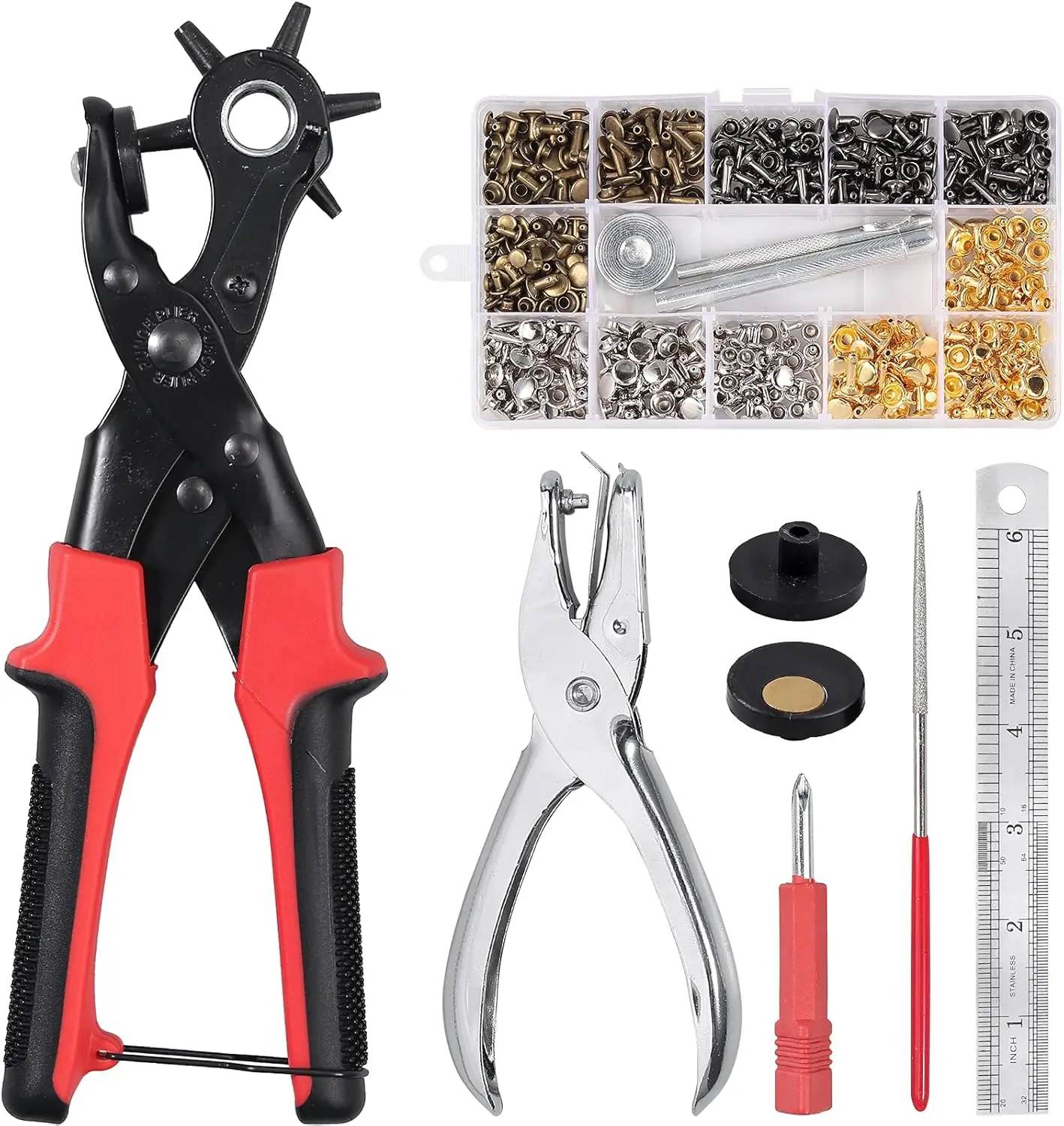 

Kamtop Heavy Duty Leather Hole Puncher with 240 Double Cap Rivets, 6 Holes, for Crafts, Shoes, Bags, Fabric.