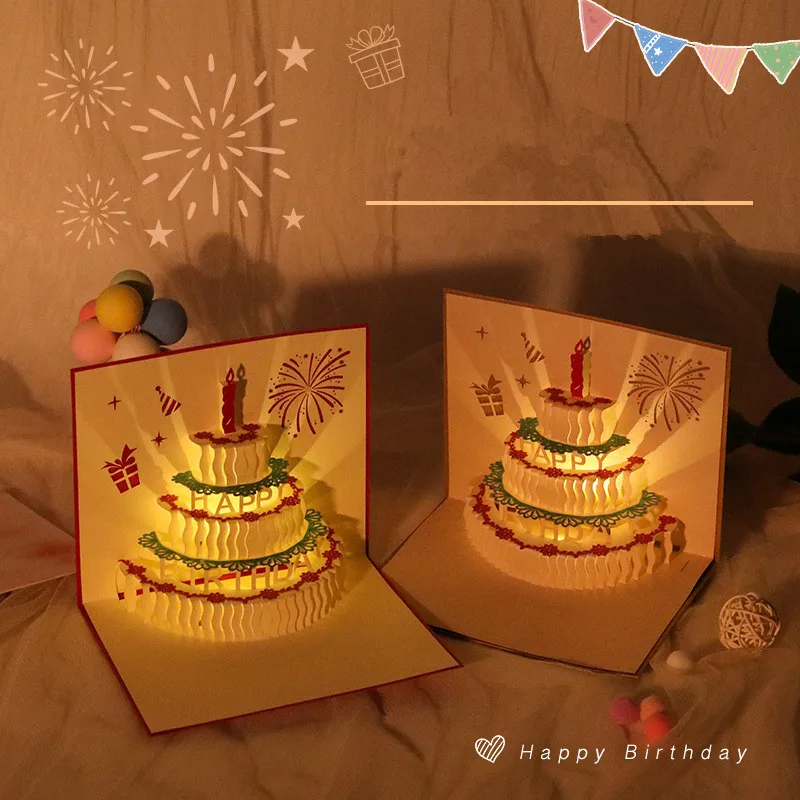 

3Pcs Led Happy Birthday 3D Card With Music Song Lights Cake Pop-Up Folding Postcard Envelope Invitations Gifts