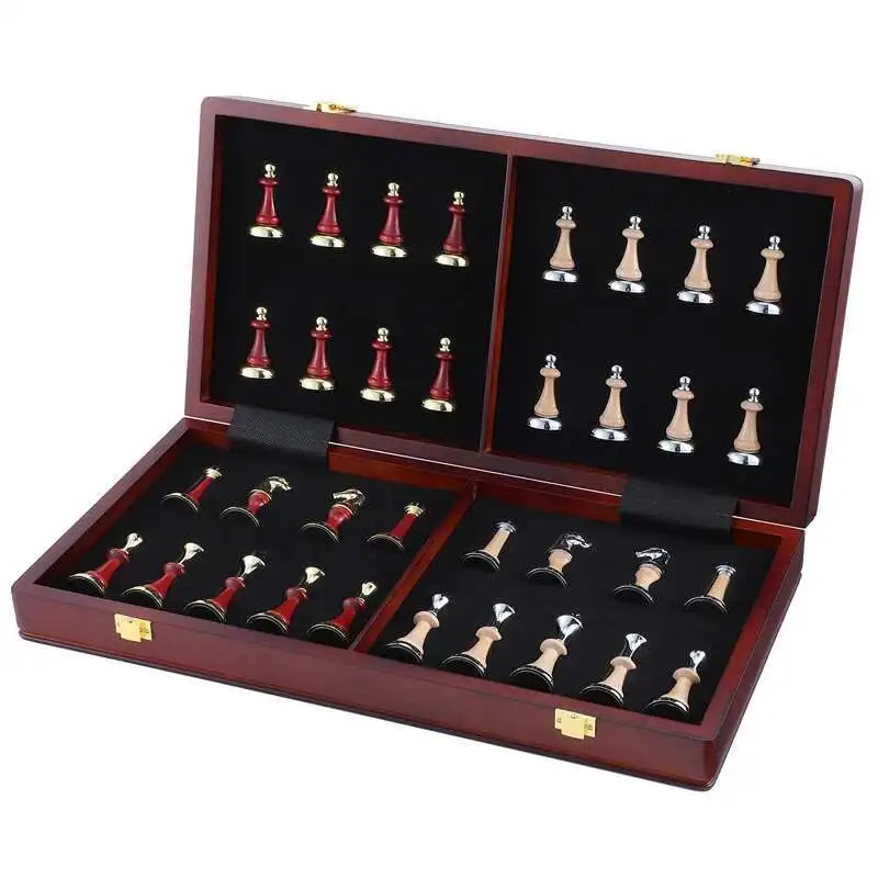 

Extra-large chess 45cm/ 17.7-inch wooden folding chessboard, high-end metal large zinc alloy + wooden chess pieces high-end gift