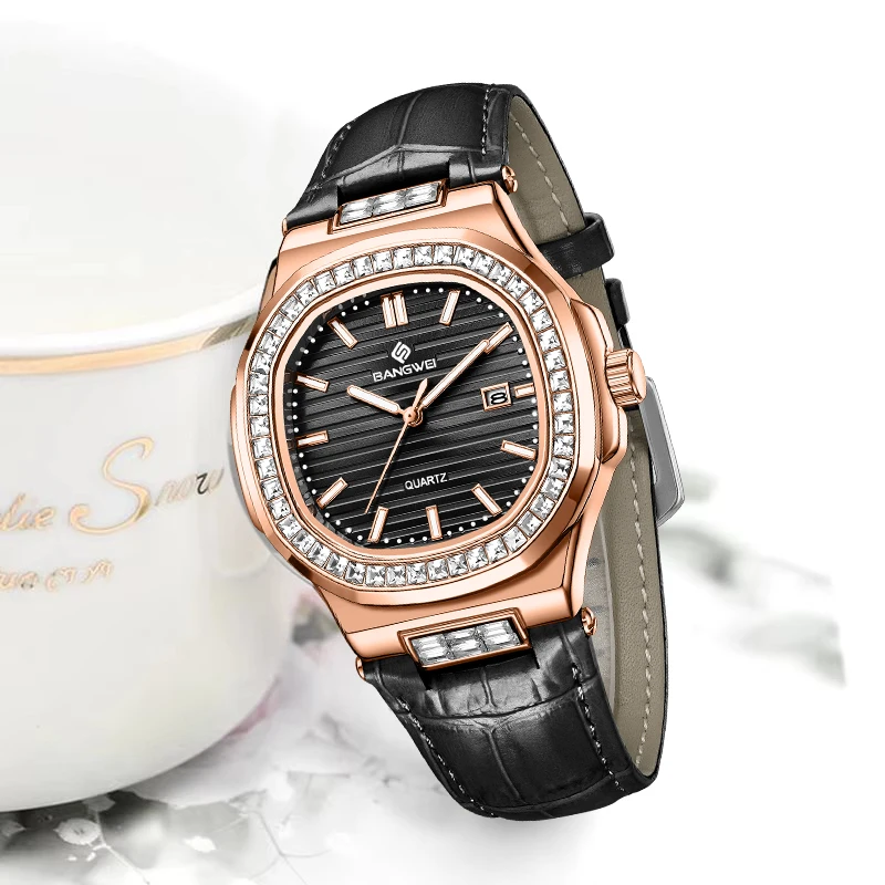 LIGE Bangwei Mode Einfache Quarz Frau Uhr Diamant Uhren Auto Datum Wasserdichte Leder Casual Sport frauen Armbanduhr Geschenk