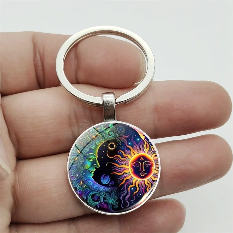 1pc Vintage Sun Moon Time Gem Keychain Creative Glass Pendant for Men and Women - Unique and Stylish Jewelry Accessory