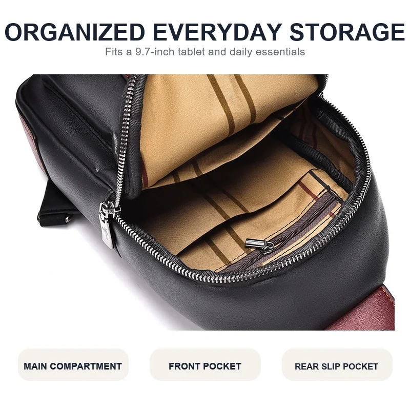 Men Leather Chest Bag Crossbody Sling Bag Casual Business Travel Shoulder Messenger Bag Black Brown