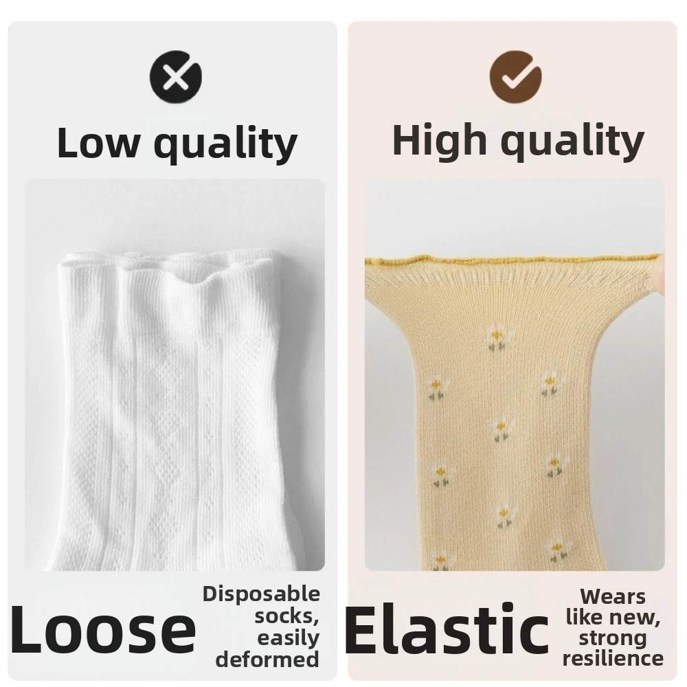 2 Pairs Soft Cotton Baby Fall Socks Ruffle Trim Small Flowers Pattern Princess Socks Breathable Kids Floor Stockings Daily Wear