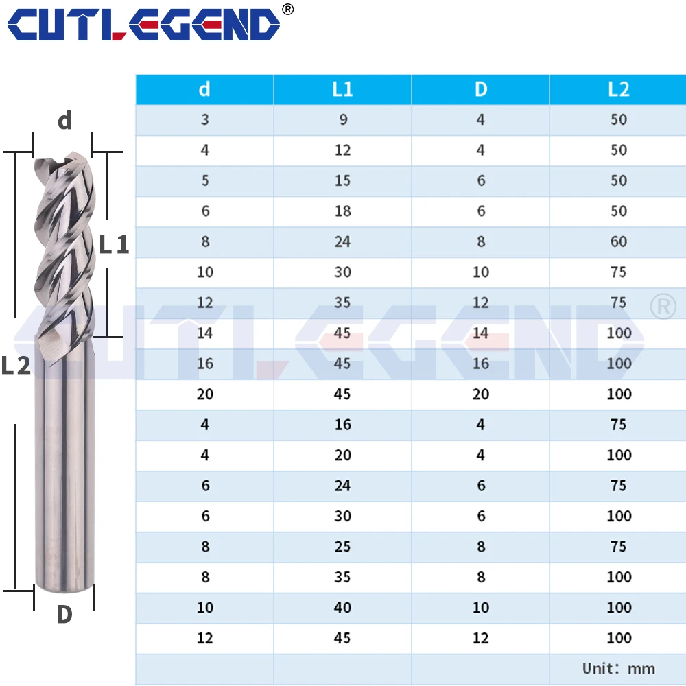 Imagem -03 - Tungstênio Aço Carbide End Mill Fresa Alumínio Cobre e Madeira Cortador Flauta Flauta mm mm mm mm mm mm 10 Milímetros 12 Milímetros Hrc55