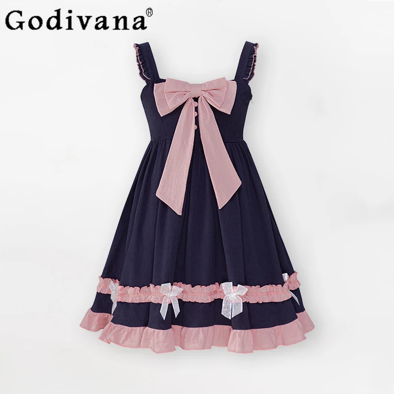 

Lolita Summer Girl Sweet Bow College Style Dress Cute Ruffles Splicing A-line High Waist Age Reduction Short Suspender Dresses