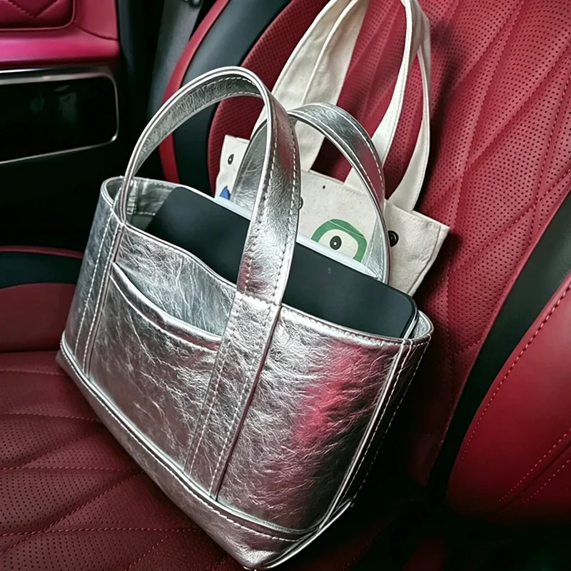Trendy Silver PU Leather Tote Bag for Women, Modern Neutral Large Capacity Handbag, Dongdaemun Practical Fashion Shoulder Bag