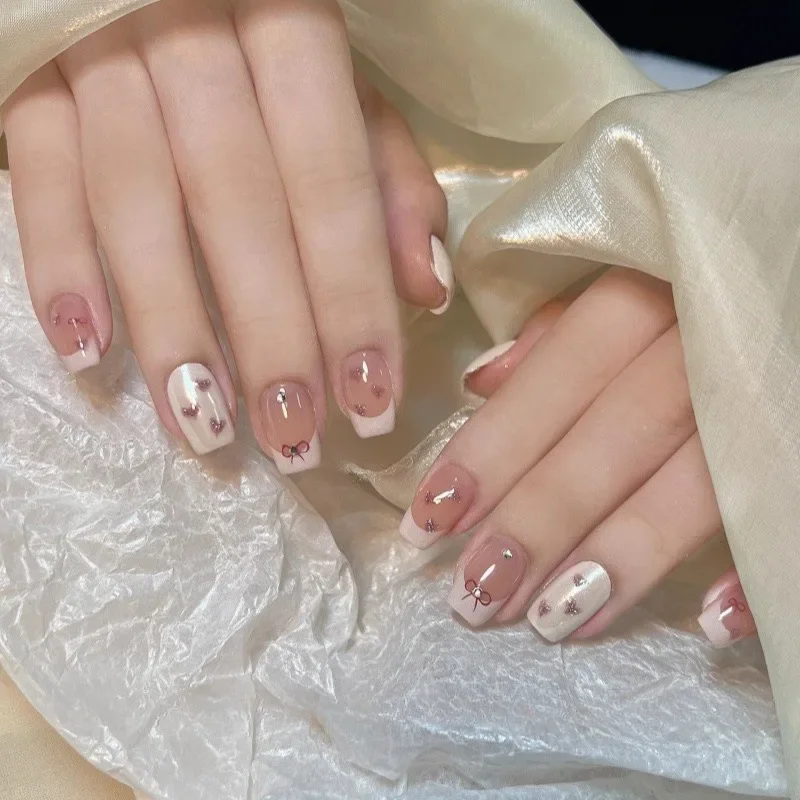 10 Pieces Nude Color French Press On Nails Handmade Fine Glitter Heart Bow Milky White Fake Nail Patches Removable