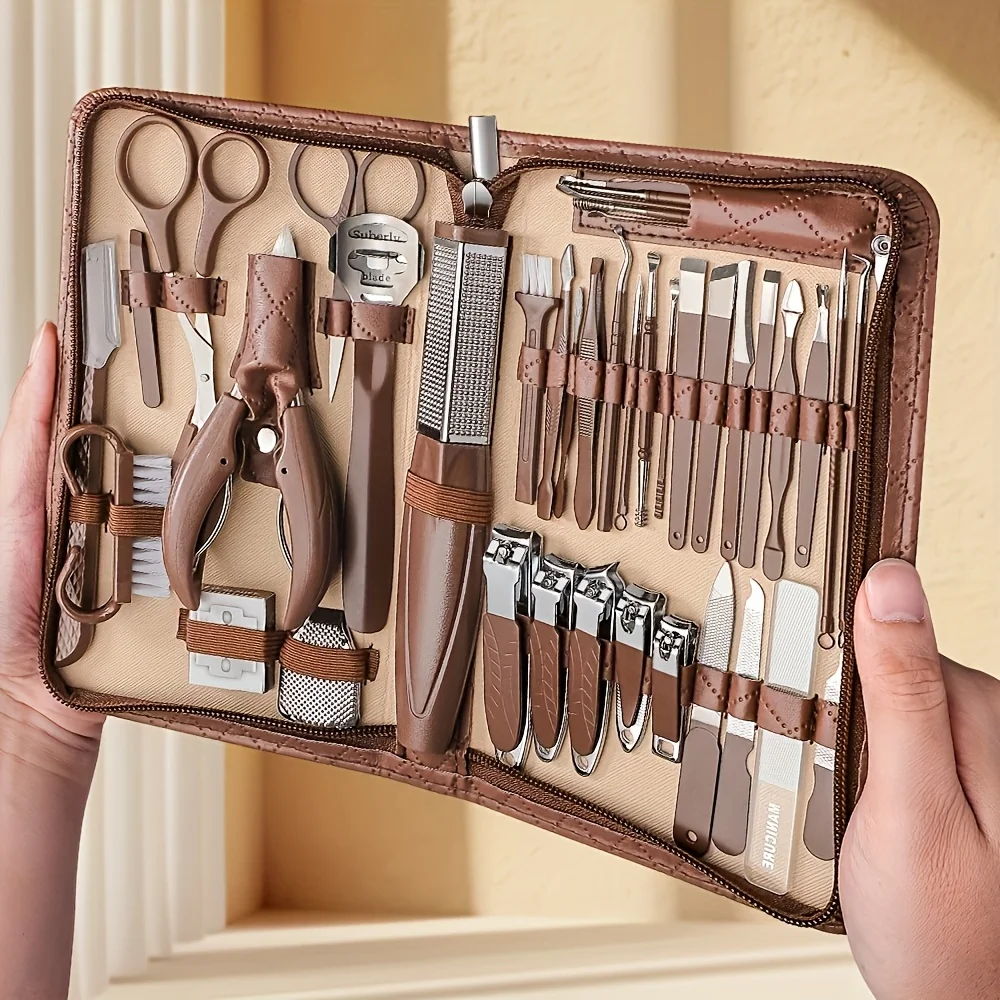 

Набор из 42 шт., коричневые кусачки для ногтей из нержавеющей стали, набор маникюрных инструментов с защитой от брызг, домашний портативный косметический набор, нож для обрезки ног