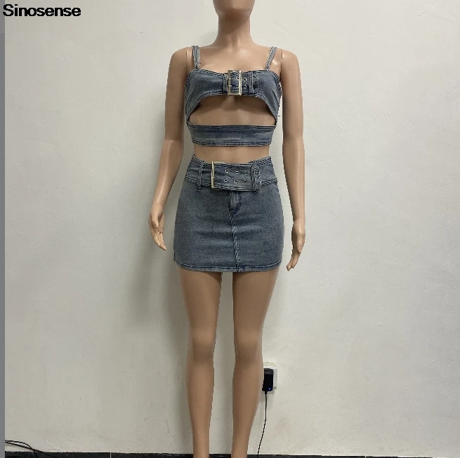 Womens Sexy Denim 2 Piece Outfits Tank Crop Top Bodycon Mini Skirts Sets With Adjusting Buckle Y2K Going Out Night Club Outfits