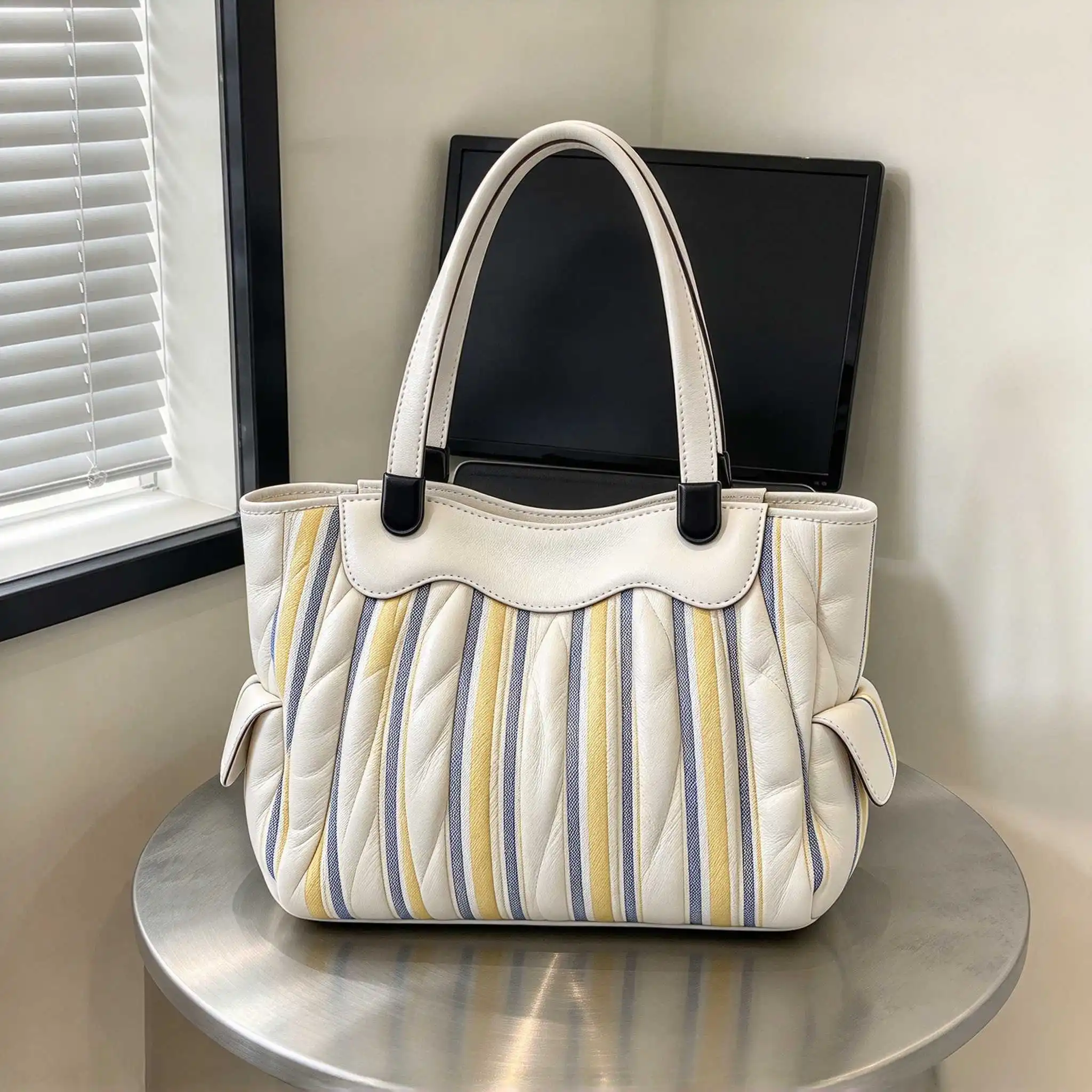 2026 Classic Luxury Womens White Yellow Blue Striped Handbags Modern Fashion Style Elegant  Work Commuting Shoulder Bag
