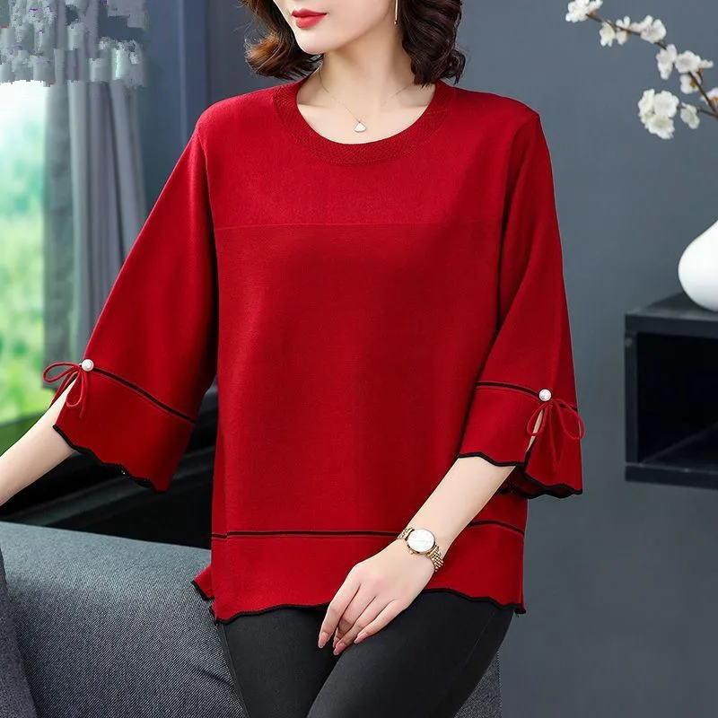 

6XL Mom Large Summer New Ice Silk Shirt 3/4 Sleeves Round necked T-shirt Knit Sweater Loose Top For Wearing Outwear Top Black