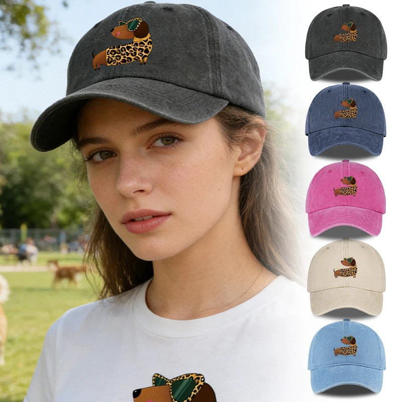 Cute and Cool Leopard-Print Dachshund Washed Baseball Cap – Adjustable, Breathable Sun Hat Perfect for Casual Everyday Wear