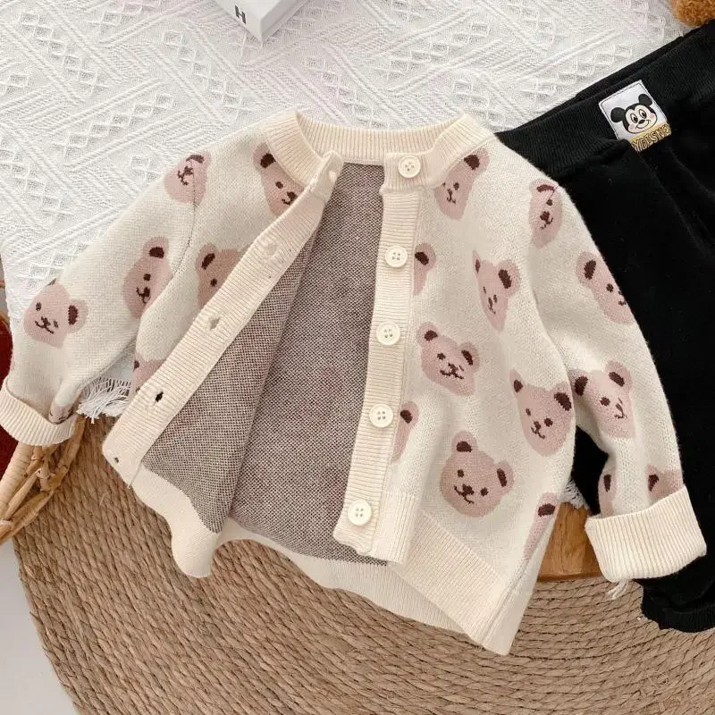 

2024 Autumn Toddler Boys Knitted Sweater Baby Boys Cartoon Bear Cardigans Outwear Children Clothes Kids Girls Knitwear Jacket