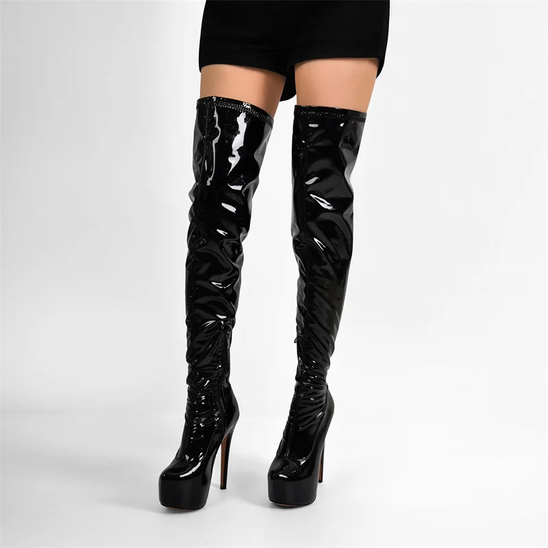 Onlymaker Women Black Over The Knee Boots Patent Leather Thin High Heel Zipper Female Winter Sexy Lady Boots