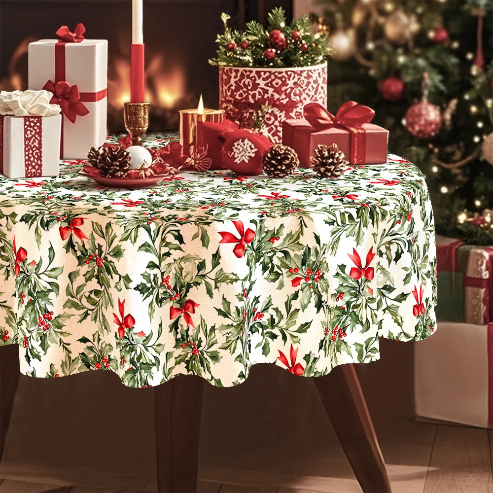 Single Pack, Christmas, Romantic Floral Tablecloth, White Decoration, Holly Leaves with Red Bow Pattern, European Traditional Style Suitable for Dining Rooms, Gatherings, Parties, Family Meals, Holidays, Outdoor Events, Picnics, Available in Round