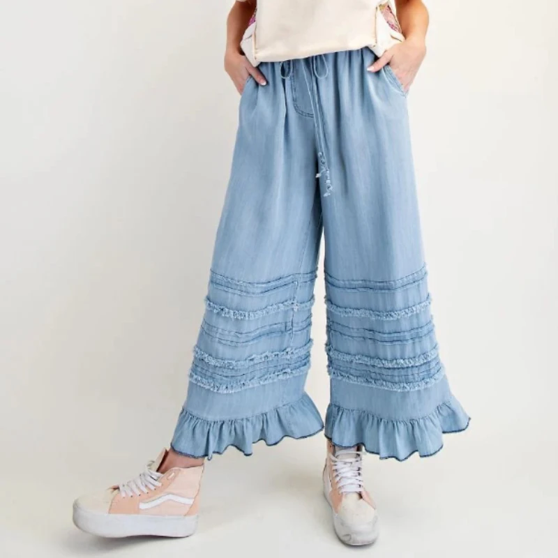

Cotton Rayon Denim Wide-Leg Pants Ankle-length Ruffles Boho Beach Jeans Women Summer Trousers Casual Elastic Waist Loose Jeans