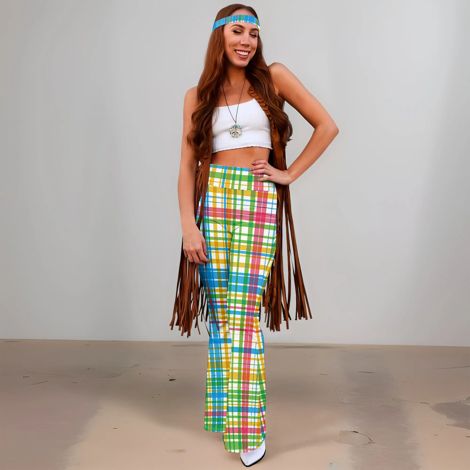 

Women's Spring and Autumn Fashion Wide Leg Pants (Headband), 3D Grid Printing, Casual Fashion Versatile Pants