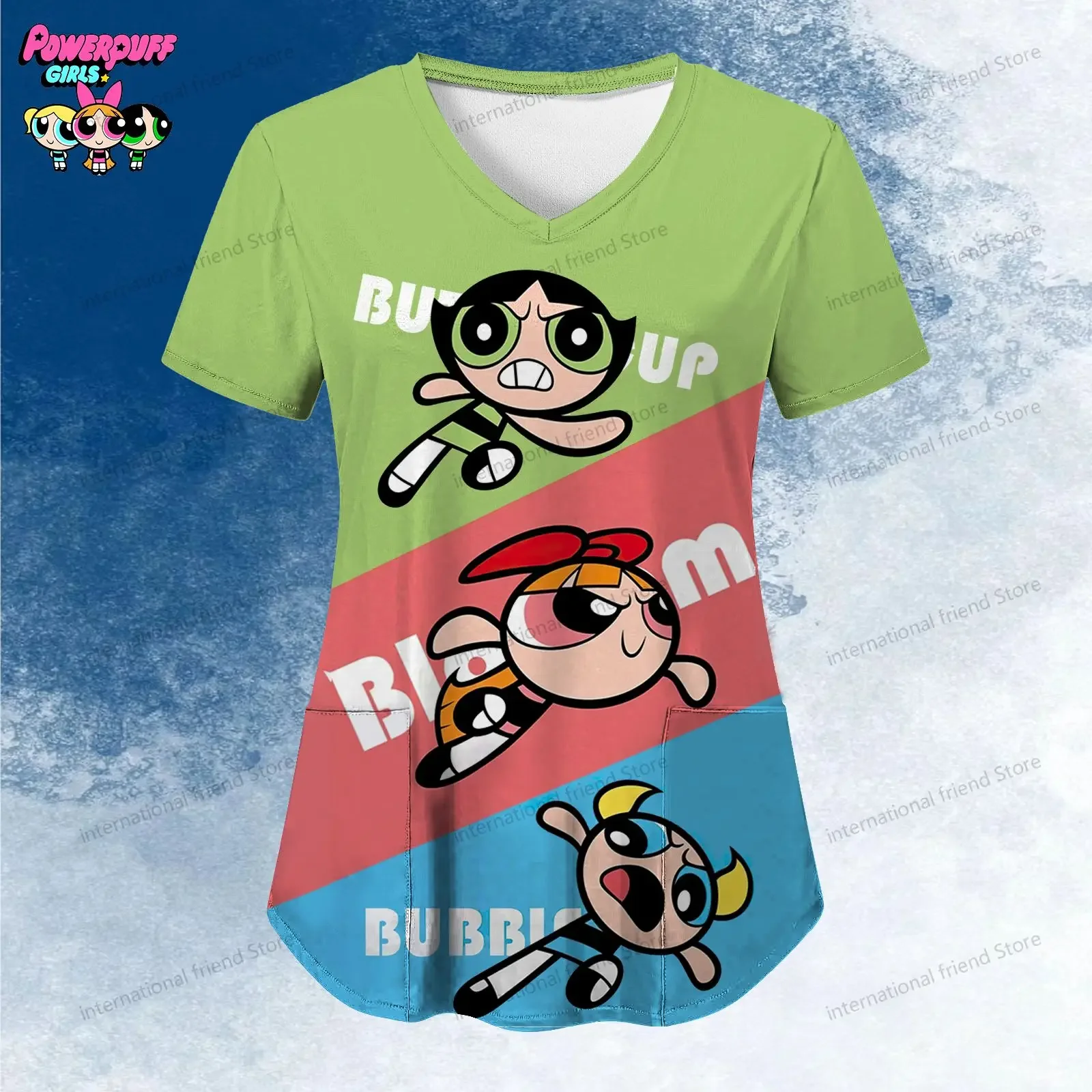 Women\'s V Neck Nurse Uniform T-Shirt Pocket The Powerpuff Girls Summer Woman Clothing Kawaii Y2k New Dress Tshirts Dames 2024