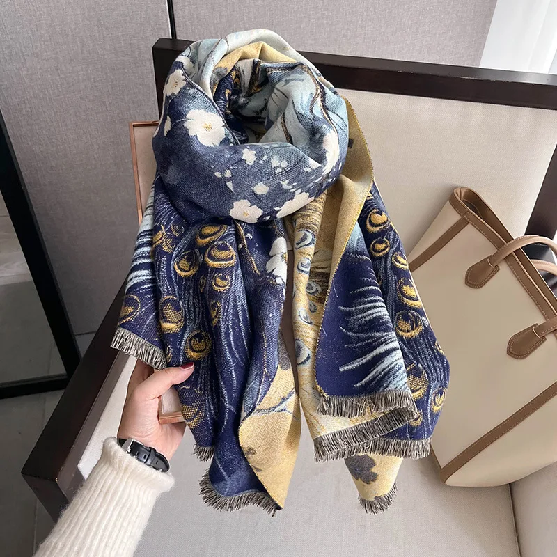 Retro Peacock Floral Print Imitation Cashmere Feel Thickened Winter Scarf Windproof Cold Resistant Dual Use Neck Warmer Shawl