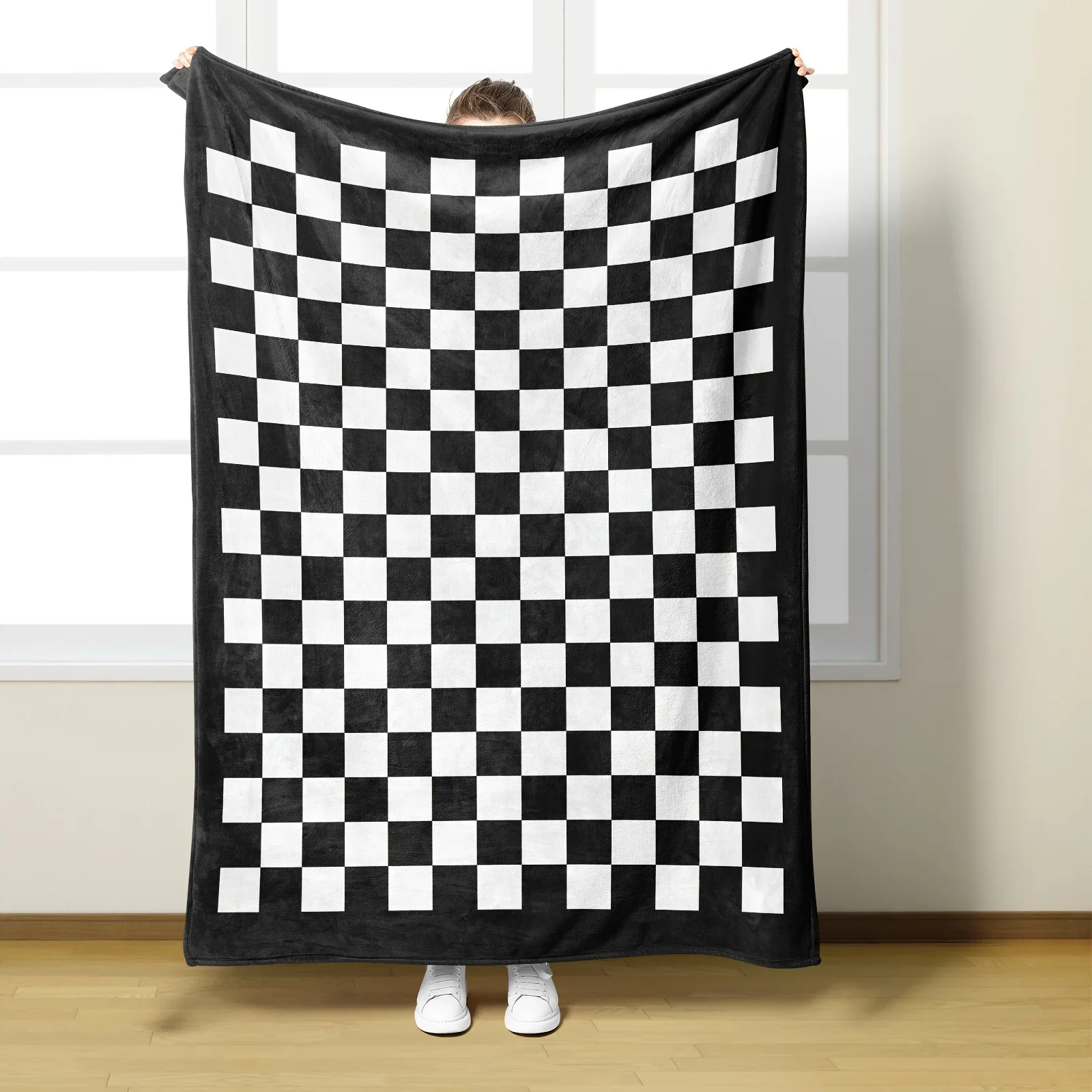 Checkerboard Flannel Blanket Black White Timeless Pattern Soft Plush Fabric For Living Room Bedroom Use Perfect For Cold Evening