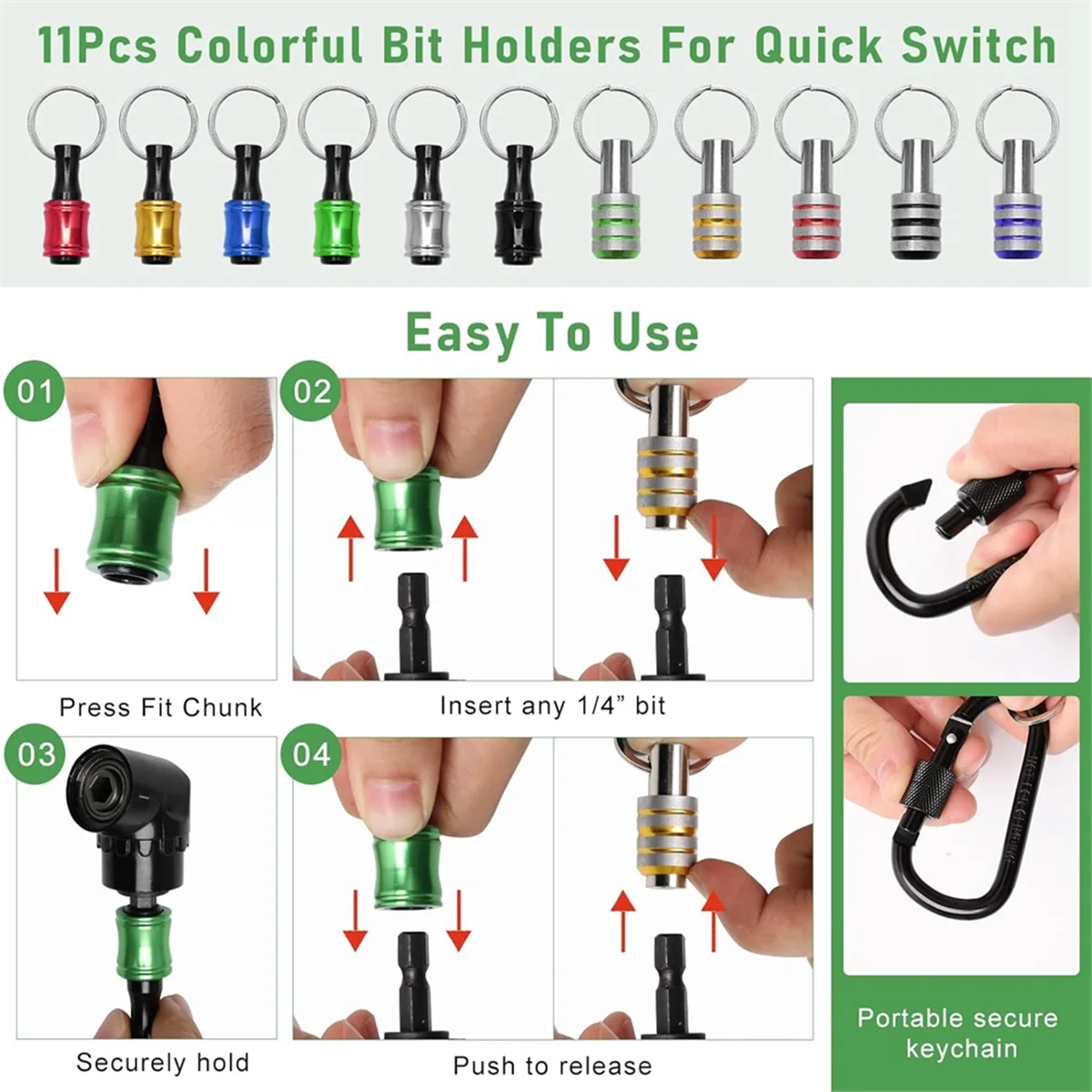 18PCS Bit Holder Keychain Gadgets,Right Angle Drill Adaptor, 1/4Inch 3/8Inch 1/2Inch Drill Socket Adapter,11P Bit Holder