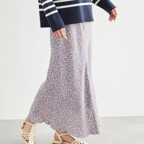 

Ele Floral Print High Waist A-Line Midi Skirt Women's Summer New Sle Elastic Waist Slimming Skirt Polyester Fiber