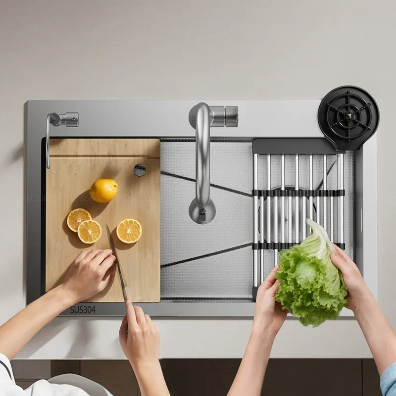 

Kitchen 304 stainless steel sink household large single sink nano vegetable wash basin thickened sink left drainage drain