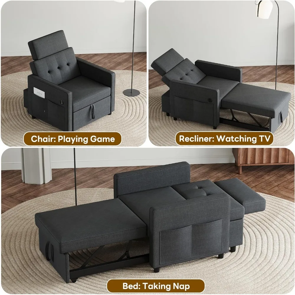 سرير كرسي أريكة 3 في 1 قابل للتحويل مع سرير مفرد قابل للسحب، مسند ظهر قابل للتعديل، قماش كتان لراحة غرفة المعيشة #3