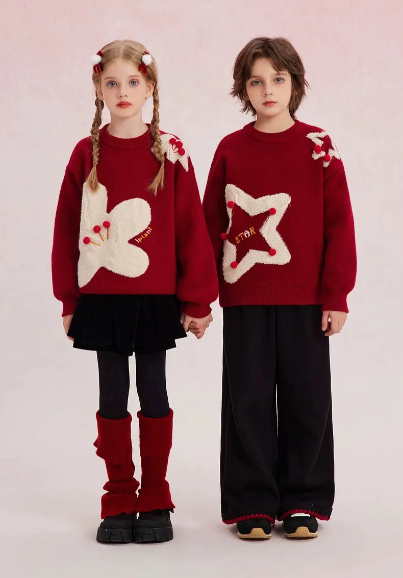 سترة الأخت والأخ لخريف وشتاء جديدة للأولاد والبنات، سترة محبوكة متعددة الاستخدامات لعيد الميلاد باللون الأحمر الخماسي