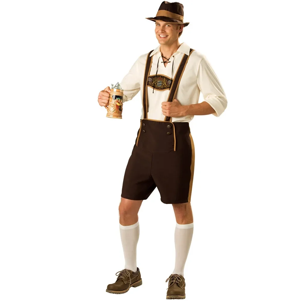 Oktoberfest Costume uomo tedesco bavarese Lederhosen Beer Festival Fancy Dress bretelle pantaloncini Top Hat Set