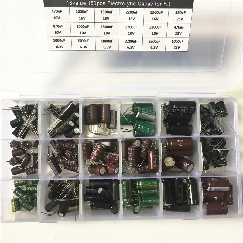 Kit condensatore 18 valori 160 pezzi Condensatori elettrolitici in alluminio 6.3V 10V 16V 25V 330uF 470uF 1000uF 1500uF 1800uF 2200F 3300uF