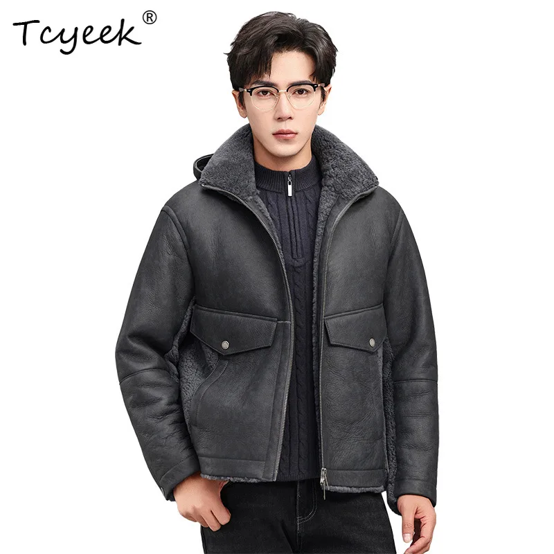 Tcyeek Natural Sheep Fur Winter Coat Men Hoodie Real Leather Jacket Man Warm Mens Coats Loose Fit Lamb Wool Motocycle Jackets