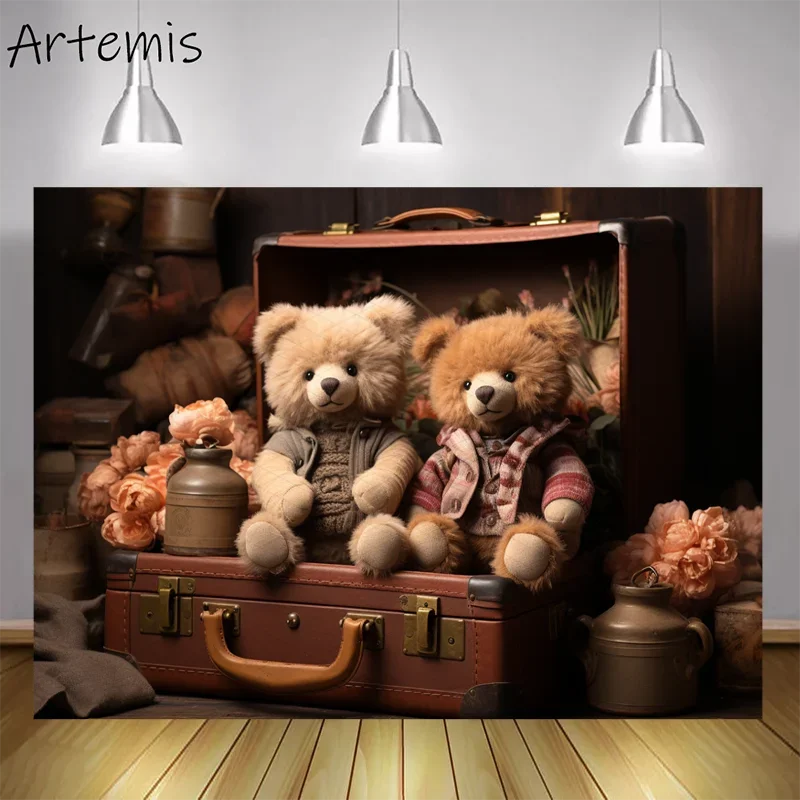 

Spring Photography Backdrop Toy Bears Large Brown Suitcases Baby Shower Decoration Birthday Portrait Background Photo Studio